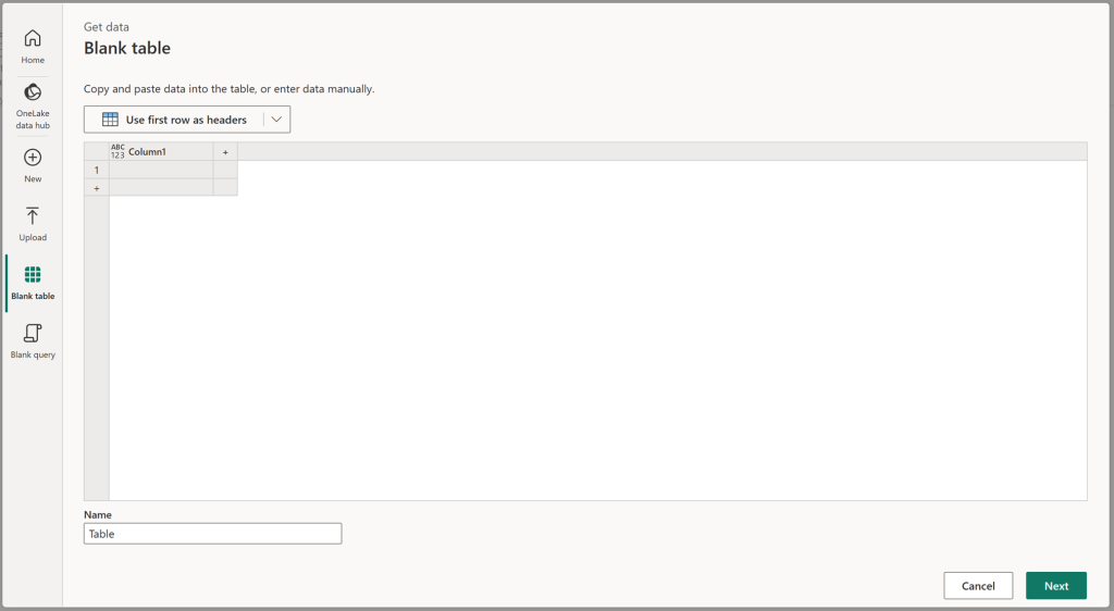 Screenshot of the Blank table module in the modern get data experience