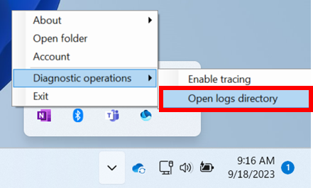 Screenshot of the menu options available when you right-click the OneLake icon in the Windows notification area.