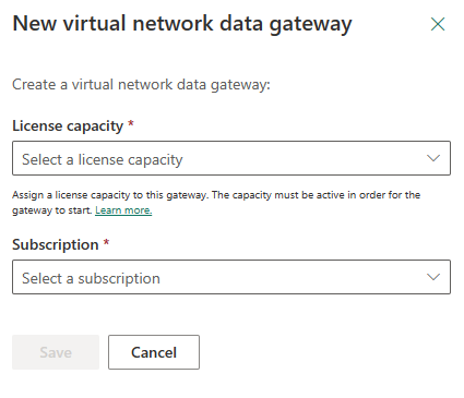Choose a license capacity when creating a new VNET data gateway.