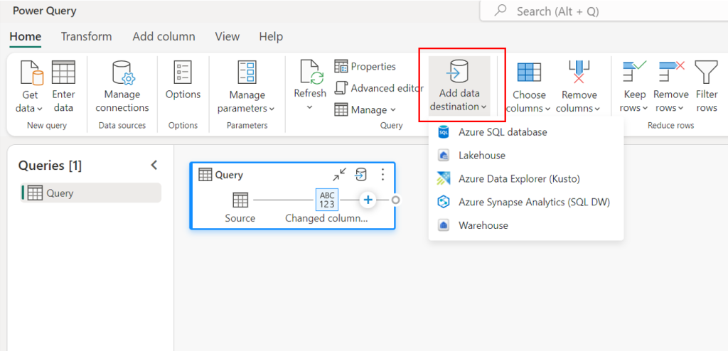 Add data destination entry point inside of the Power Query ribbon