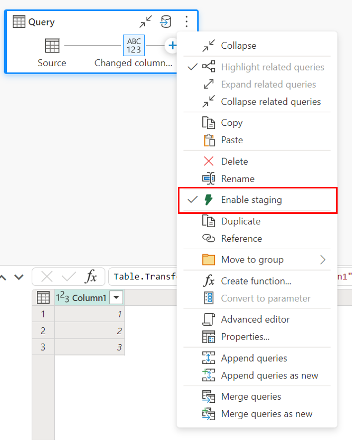 Enable staging flag enabled for the query named Query inside of the Diagram view