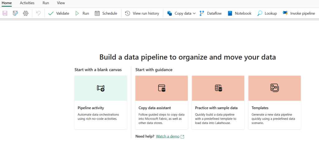 Data pipeline landing page