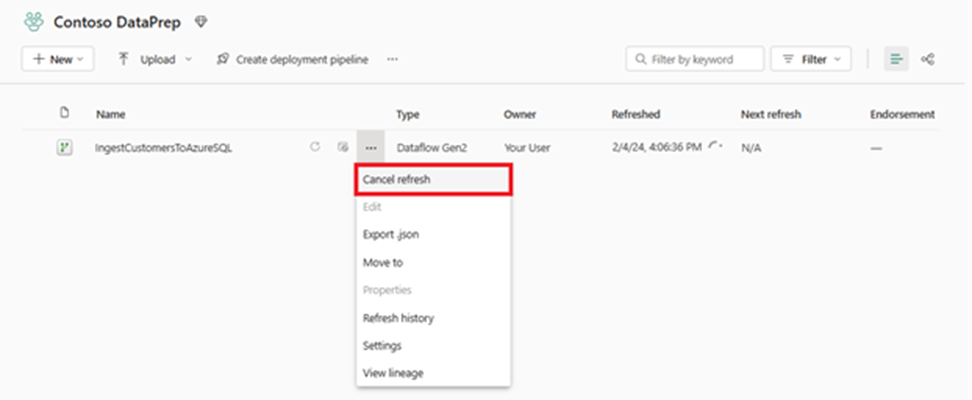 New cancel refresh operation available inside of the workspace list