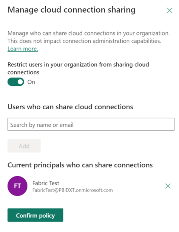 Manage cloud connection sharing dialog when using a principal