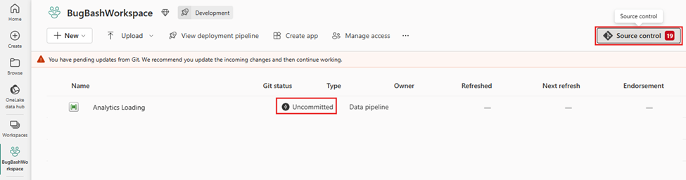 Source control enabled at the workspace level showing support for Data Pipelines