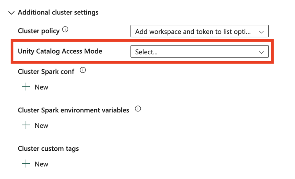 Unity catalog access mode new option inside of the Additional cluster settings 