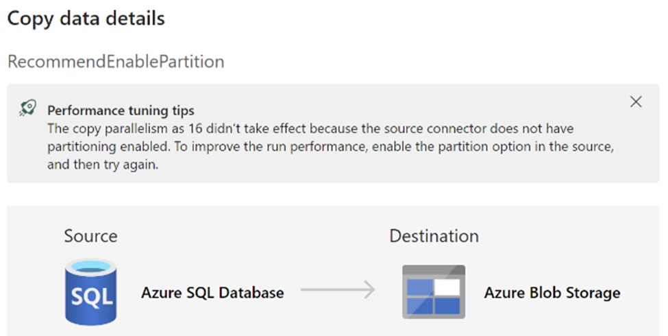 Copy data details dialog showing how to copy data from an Azure SQL Database to an Azure Blob Storage