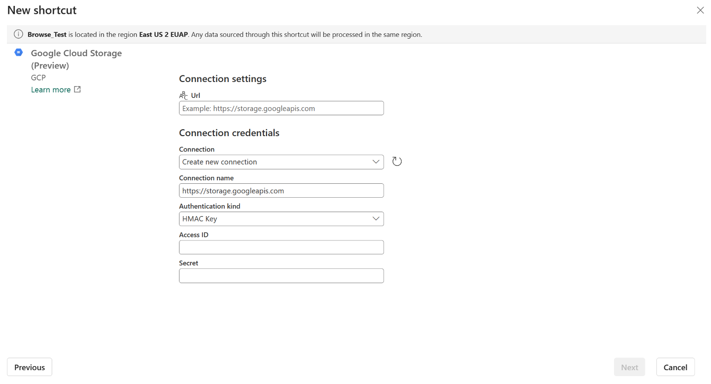 Screenshot of the New shortcut window showing the Connection settings and Connection credentials.