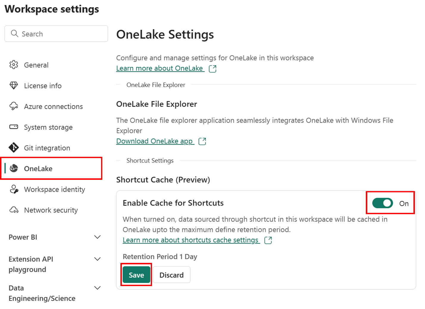 Screenshot of workspace settings panel with OneLake tab selected.