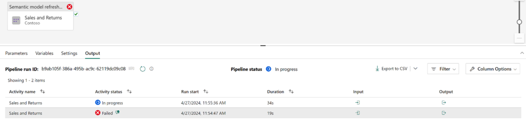 An image displaying a data pipeline output window including two activities. One activity has an activity status of Failed and the other In progress.