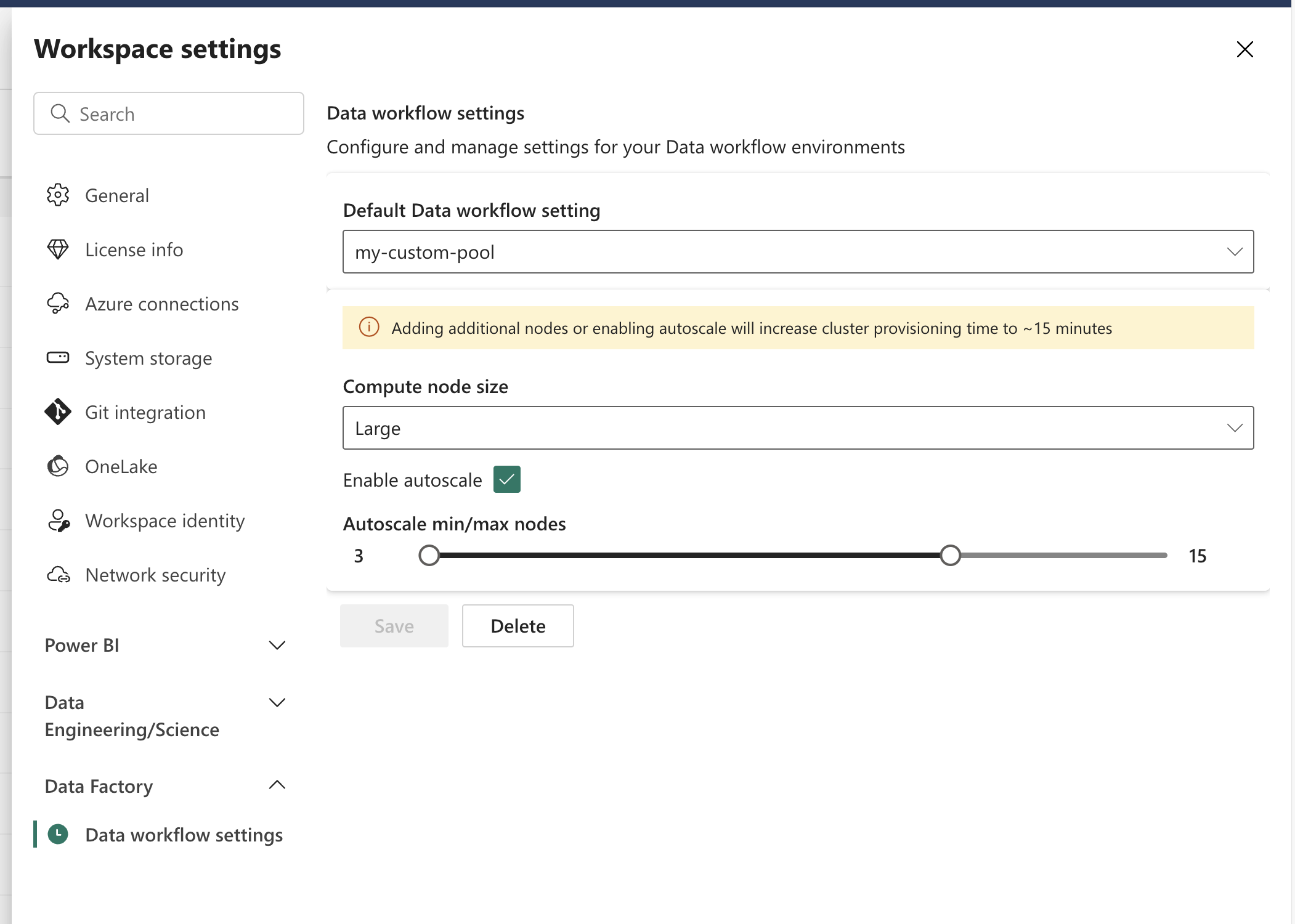 Screenshot of workspace settings to configure custom pools.