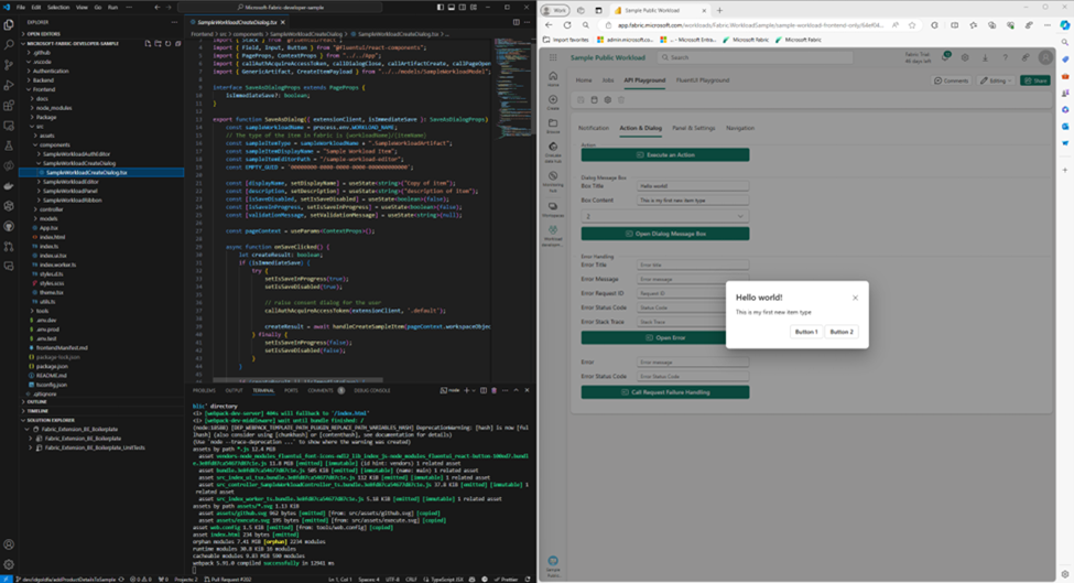Developer experience screenshot. Left side showing visual studio code, right side showing Fabric playground