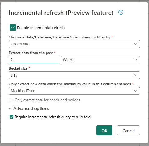 A config menu that allows the users to setup incremental refresh based on the settings the user provided.