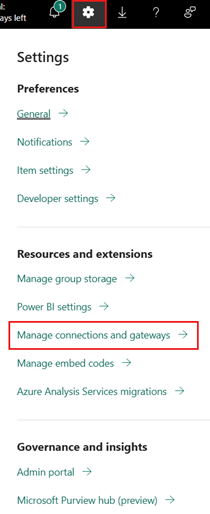 Create a connection from Settings - manage connection and gateways