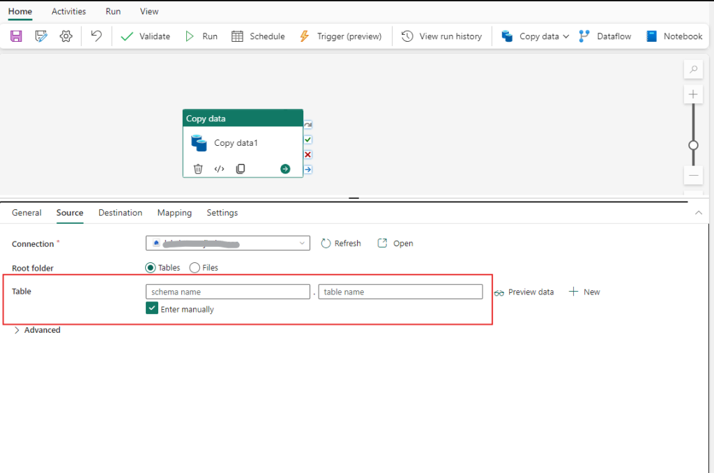 Copy data activity in the data pipelines canvas showing the Source tab and the configuration for the Lakehouse schema and its corresponding table name