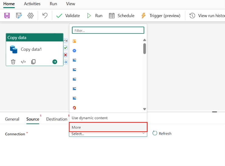 Create a connection from Copy activity interface