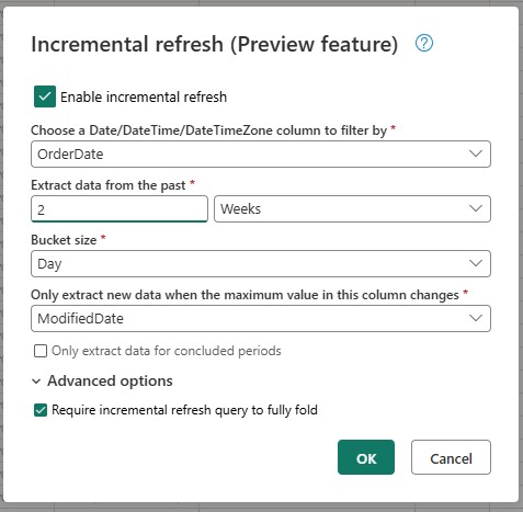 Screenshot of the incremental refresh dialog showcasing all available settings like bucket size