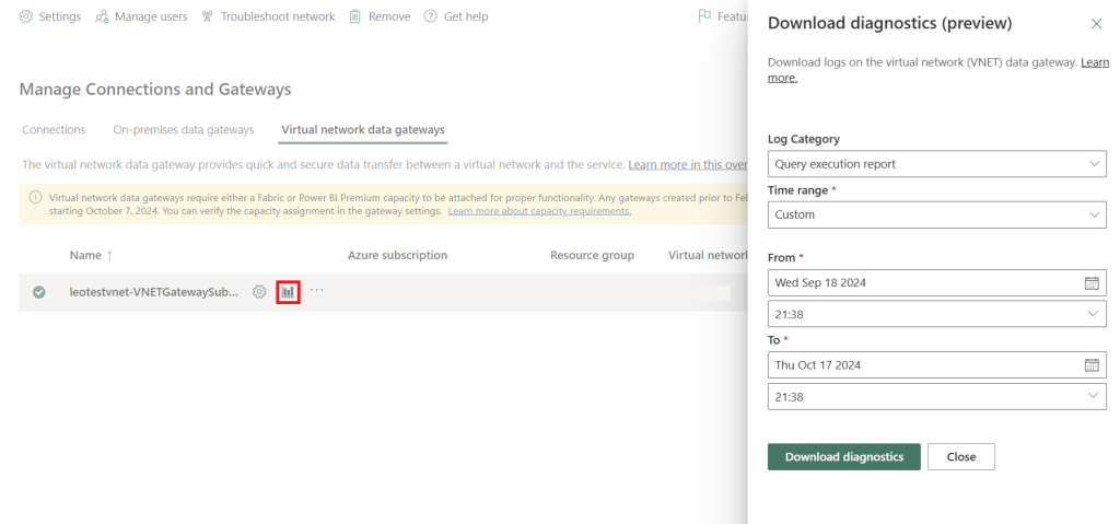 Screenshot of the download diagnostics dialog in preview defining a custom time range for the download