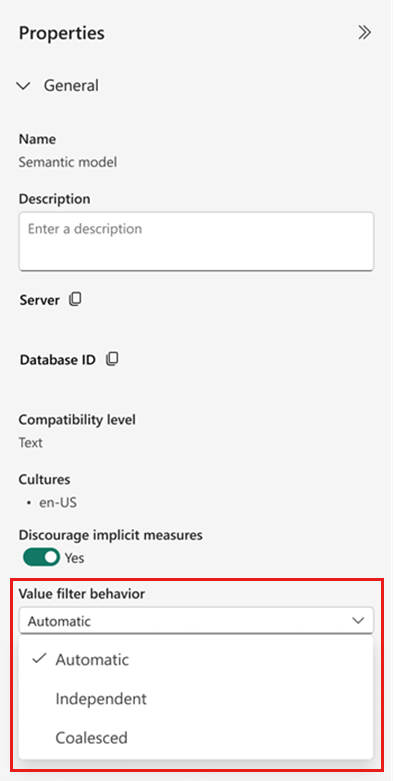 A screenshot of the properties pane of a semantic model in the model view of Power BI Desktop. The value filter behavior setting is highlighted.