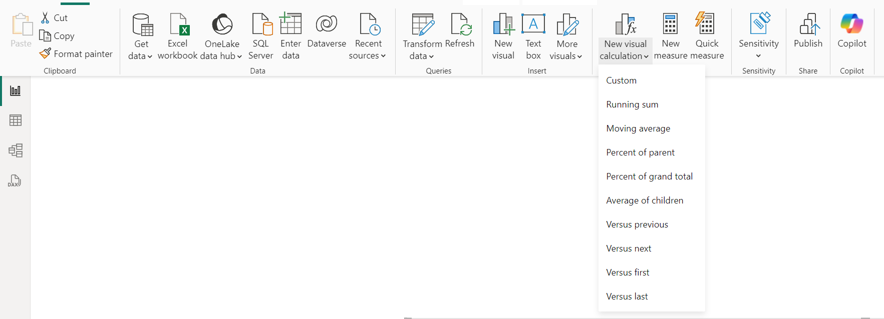 The new visual calculation ribbon button after selecting the bottom part of the button which now opens a menu showing templates. Selecting a template will add a new visual calculation and load the template.